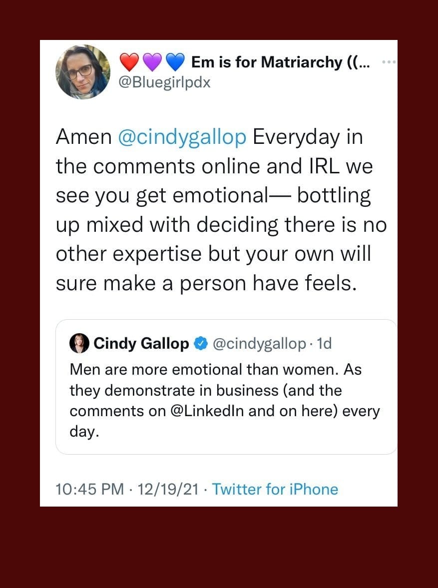 Image of tweet from @bluegirlpdx and @cindygallop 12/19/21