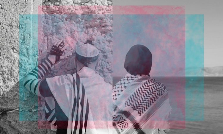 "Black and white diptych: left, a person in a prayer shawl and kippah prays at the Western Wall; right, a person in a headscarf and keffiyeh gazes at the sea and mountains."
